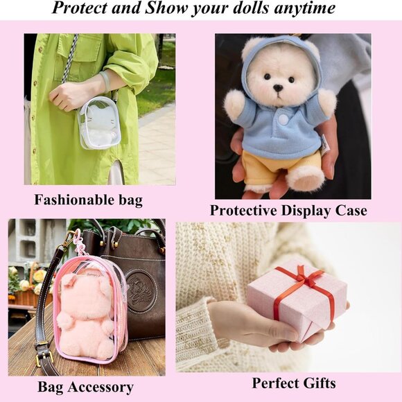 Large Clear Doll Carrying Case with Keychain and Pompom Design, Portable Storage - Picture 5 of 5